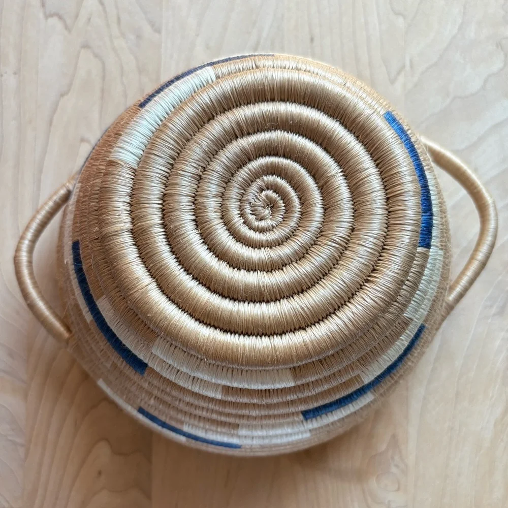 Handwoven Rwandan Lidded Basket Blue & Natural Fair Trade Storage Basket